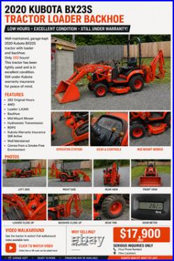 2020 Kubota b23s tractor with loader, backhoe and cutter under 300 hours